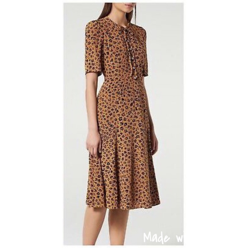 Women's Tan Floral Tie-Neck Midi Dress